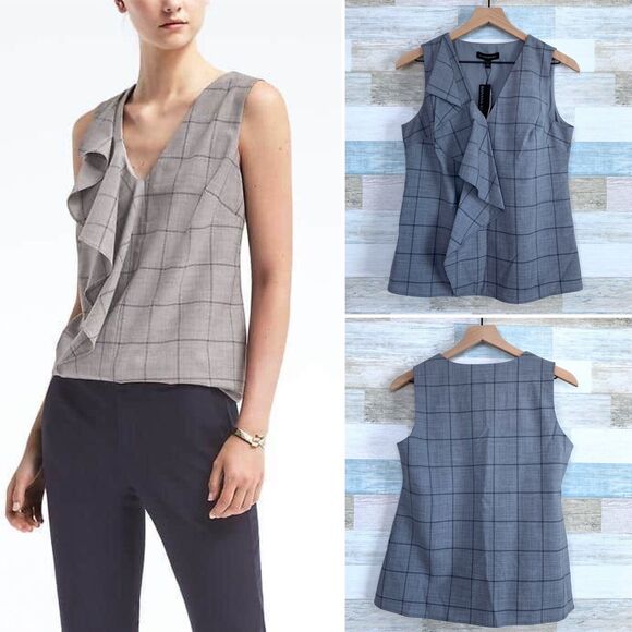 Banana Republic Wool Cascade Ruffle Top Gray Windowpane Womens Small Petite SP - Picture 1 of 8